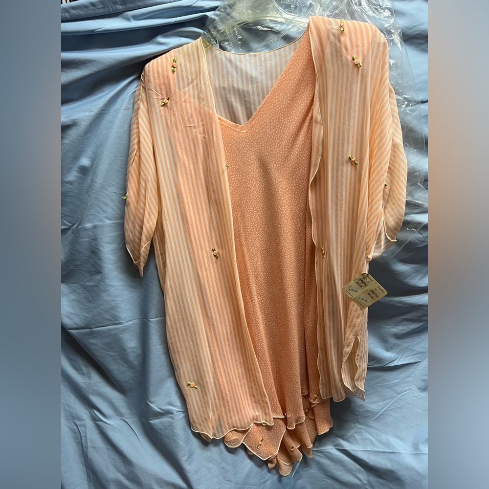 $2,165.00 Neiman Marcus Peach Polkadot Dress with Sheer Peach striped Overlay